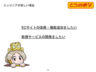 ECサイトの改修・機能追加をしたい
新規サービスの開発をしたい
エンジニアが欲しい理由
30
 