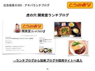 広告施策その9：アキバランチブログ
50
虎の穴 開発室ランチブログ
→ランチブログから技術ブログや採用サイトへ流入
 