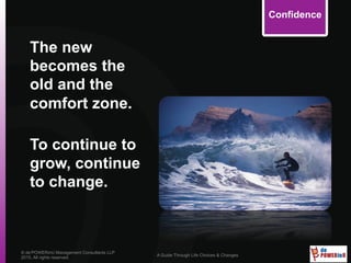 © de’POWERinU Management Consultants LLP
2015. All rights reserved.
A Guide Through Life Choices & Changes
Confidence
The new
becomes the
old and the
comfort zone.
To continue to
grow, continue
to change.
 