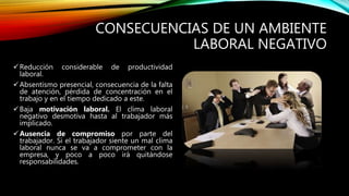 CONSECUENCIAS DE UN AMBIENTE
LABORAL NEGATIVO
Reducción considerable de productividad
laboral.
Absentismo presencial, consecuencia de la falta
de atención, pérdida de concentración en el
trabajo y en el tiempo dedicado a este.
Baja motivación laboral. El clima laboral
negativo desmotiva hasta al trabajador más
implicado.
Ausencia de compromiso por parte del
trabajador. Si el trabajador siente un mal clima
laboral nunca se va a comprometer con la
empresa, y poco a poco irá quitándose
responsabilidades.
 