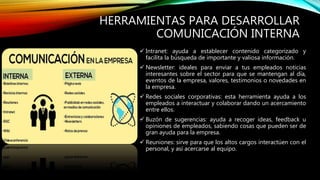 HERRAMIENTAS PARA DESARROLLAR
COMUNICACIÓN INTERNA
 Intranet: ayuda a establecer contenido categorizado y
facilita la búsqueda de importante y valiosa información.
 Newsletter: ideales para enviar a tus empleados noticias
interesantes sobre el sector para que se mantengan al día,
eventos de la empresa, valores, testimonios o novedades en
la empresa.
 Redes sociales corporativas: esta herramienta ayuda a los
empleados a interactuar y colaborar dando un acercamiento
entre ellos.
 Buzón de sugerencias: ayuda a recoger ideas, feedback u
opiniones de empleados, sabiendo cosas que pueden ser de
gran ayuda para la empresa.
 Reuniones: sirve para que los altos cargos interactúen con el
personal, y así acercarse al equipo.
 