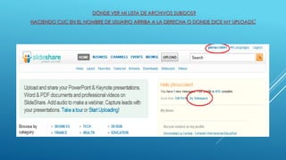 DÓNDE VER MI LISTA DE ARCHIVOS SUBIDOS? 
HACIENDO CLIC EN EL NOMBRE DE USUARIO ARRIBA A LA DERECHA O DONDE DICE MY UPLOADS: 
 