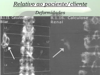 Relativo ao paciente/cliente
Deformidades
 