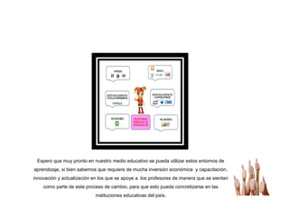 Espero que muy pronto en nuestro medio educativo se pueda utilizar estos entornos de
aprendizaje, si bien sabemos que requiere de mucha inversión económica y capacitación,
innovación y actualización en los que se apoye a los profesores de manera que se sientan
como parte de este proceso de cambio, para que esto pueda concretizarse en las
instituciones educativas del país.
 
