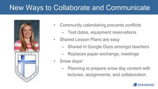 New Ways to Collaborate and Communicate 
• Community calendaring prevents conflicts 
– Test dates, equipment reservations 
• Shared Lesson Plans are easy 
– Shared in Google Docs amongst teachers 
– Replaces paper exchange, meetings 
• Snow days! 
– Planning to prepare snow day content with 
lectures, assignments, and collaboration 
 
