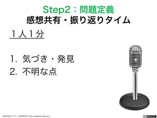 一般社団法人デザイン思考研究所 <http://designthinking.or.jp/>    
１人１分
1.  気づき・発見
2.  不明な点
Step2：問題定義
感想共有・振り返りタイム
 