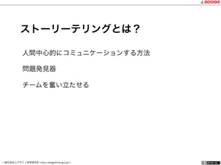 一般社団法人デザイン思考研究所 <http://designthinking.or.jp/>    
ストーリーテリングとは？
人間中心的にコミュニケーションする方法
問題発見器
チームを奮い立たせる
 