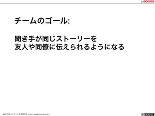 一般社団法人デザイン思考研究所 <http://designthinking.or.jp/>    
聞き手が同じストーリーを
友人や同僚に伝えられるようになる
チームのゴール:
 