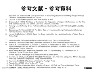 一般社団法人デザイン思考研究所 <http://designthinking.or.jp/>    
参考文献・参考資料
1.  Beckman, S.L. and Barry, M. (2007) Innovation as a Learning Process: Embedding Design Thinking.
California Management Review, 50, 25‒56.
2.  Drucker, P. (1974) Management. New York: Harper & Row.
3.  Ericsson, K.A. (1996). The Road to Excellence: The Acquisition of Expert Performance in the Arts
and Sciences, Sports and Games. Lawrence Erlbaum Associates.
4.  Fleming, Lee, Perfecting Cross-Pollination. Harvard Business Review, 00178012, Sep2004, Vol. 82,
issue 9.
5.  Govindarajan,V., Trimble,C.(2012) The Other Side of Innovation: Solving the Execution Challenge,
Harvard Business Review Press.
6.  Hanks, K. & Belliston, L (2006) Rapid Viz: A new method for the rapid visualization of ideas, Course
Technology.
7.  Hasso Plattner Institute of Design at Stanford (d.school). The bootcamp bootleg.
8.  IDEO.org, The HCD Toolkit <http://www.ideo.com/work/human-centered-design-toolkit/>
9.  Judson, K., Schoenbachler, D., Gordon, G., Ridnour, R., Weilbacker, D. 2006. The new product
development process: let the voice of the salesperson be heard. Journal of Product & Brand
Management 15(2/3), 194-202.
10.  Kotler, Philip; Kartajaya, Hermawan; Setiawan, Iwan (2010) Marketing 3.0: From Products to
Costumers to the Human Spirit, Wiley.
11.  Martin, R.(2009) The design of business, Harvard business press.
12.  Meister, J.C. & Willyerd, K. (2010) The 2020 Workplace: How Innovative Companies Attract, Develop,
and Keep Tomorrow's Employees Today, HarperBusiness.
13.  Neumeier, M. (2012) The designful company. Peachpit Press.
14.  Patnaik, Dev. (2009) Wired to Care, FT Press.
15.  Pink, D.(2006) A Whole New Mind: Why Right-Brainers Will Rule the Future, Riverhead Trade.
16.  Porter, M. (1996). What is strategy? Harvard Business Review, 74(6), 61-78.
 