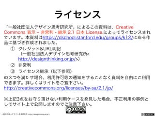 一般社団法人デザイン思考研究所 <http://designthinking.or.jp/>    
ライセンス
「一般社団法人デザイン思考研究所」によるこの資料は、Creative
Commons 表示 ‒ 非営利 - 継承 2.1 日本 License.によってライセンスされ
ています。本資料はhttps://dschool.stanford.edu/groups/k12/にある作
品に基づき作成されました。
①  クレジット&URL明記
（一般社団法人デザイン思考研究所<
http://designthinking.or.jp/>）
②  非営利
③  ライセンス継承（以下参照）
の３つを満たす場合、利用許可等の通知をすることなく資料を自由にご利用
できます。詳しくはサイトをご覧下さい。
http://creativecommons.org/licenses/by-sa/2.1/jp/
※上記3点をお守り頂けない利用ケースを発見した場合、不正利用の事例と
してサイト上で公開しますのでご注意下さい。
 