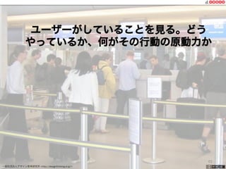 一般社団法人デザイン思考研究所 <http://designthinking.or.jp/>    
61
ユーザーがしていることを見る。どう
やっているか、何がその行動の原動力か
 