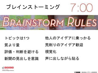 一般社団法人デザイン思考研究所
トピックは1つ
質より量
評価・判断を避ける
新聞の見出しを意識
他人のアイデアに乗っかる
荒削りのアイデア歓迎
視覚化
声に出しながら貼る
ブレインストーミング
 