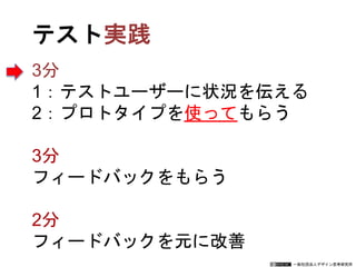 一般社団法人デザイン思考研究所
テスト
1：テストユーザーに状況を伝える
2：プロトタイプを使ってもらう
3分
フィードバックをもらう
2分
フィードバックを元に改善
 