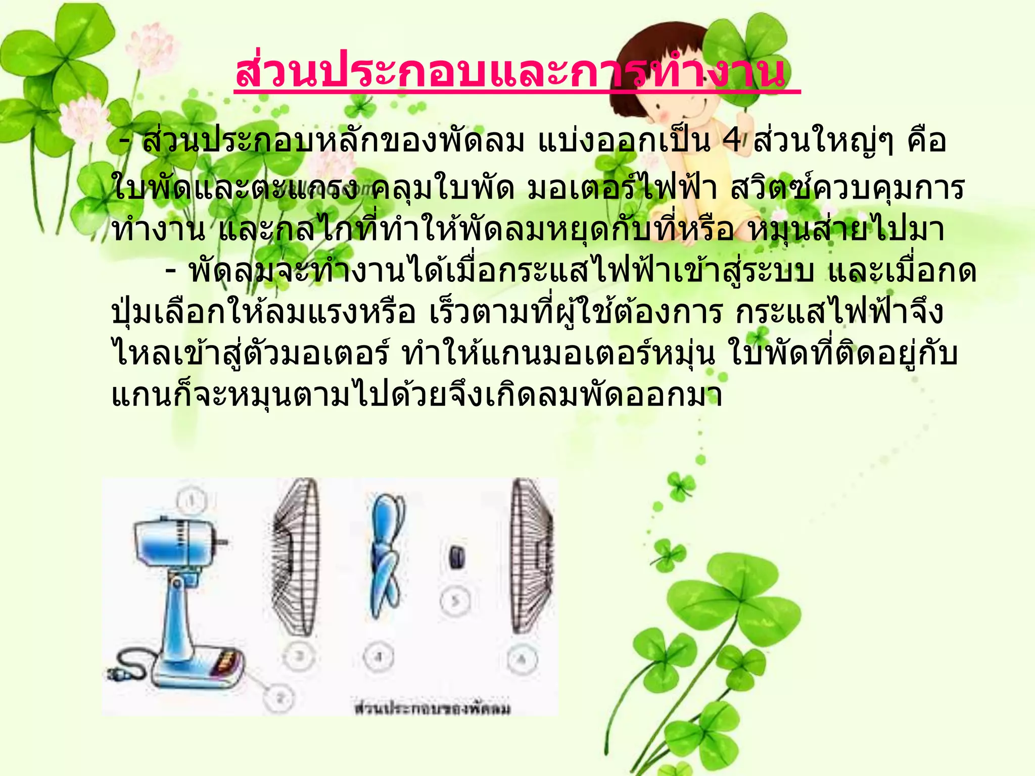 ่
         สวนประกอบและการทางาน
      ่                                           ่
 - สวนประกอบหลักของพัดลม แบ่งออกเป็ น 4 สวนใหญ่ๆ คือ
                                                    ์
ใบพัดและตะแกรง คลุมใบพัด มอเตอร์ไฟฟ้ า สวิตซควบคุมการ
ทางาน และกลไกทีทาให ้พัดลมหยุดกับทีหรือ หมุนสายไปมา
                     ่                      ่         ่
                             ่                  ่
        - พัดลมจะทางานได ้เมือกระแสไฟฟ้ าเข ้าสูระบบ และเมือกด
                                                            ่
                                       ้
ปุ่ มเลือกให ้ลมแรงหรือ เร็วตามทีผู ้ใชต ้องการ กระแสไฟฟ้ าจึง
                                 ่
             ่ ั
ไหลเข ้าสูตวมอเตอร์ ทาให ้แกนมอเตอร์หมุน ใบพัดทีตดอยูกบ
                                              ่         ่ ิ   ่ ั
แกนก็จะหมุนตามไปด ้วยจึงเกิดลมพัดออกมา
 