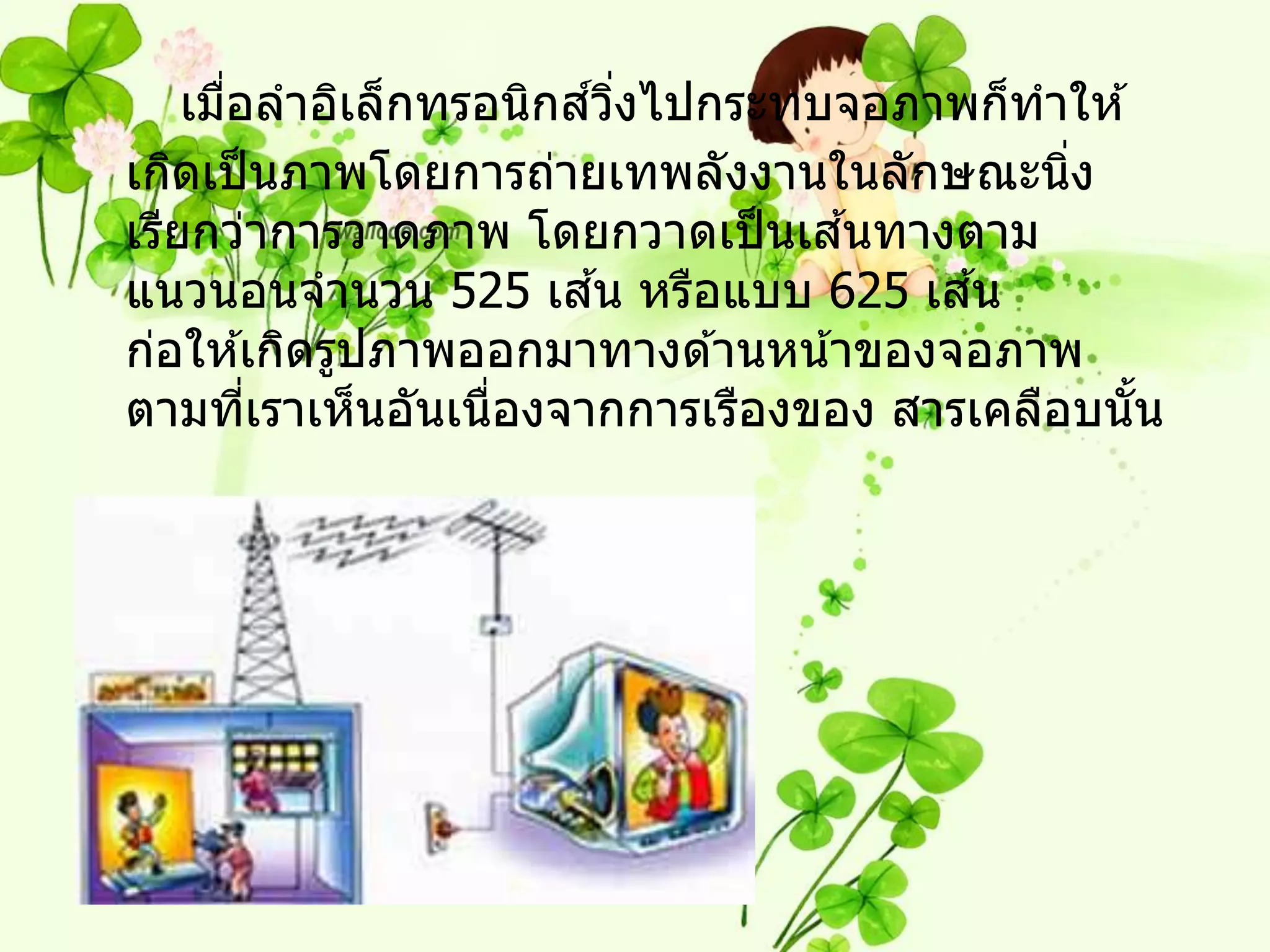 ์ ิ่
    เมือลาอิเล็กทรอนิกสวงไปกระทบจอภาพก็ทาให ้
       ่
เกิดเป็ นภาพโดยการถ่ายเทพลังงานในลักษณะนิง ่
                                   ้
เรียกว่าการวาดภาพ โดยกวาดเป็ นเสนทางตาม
                        ้
แนวนอนจานวน 525 เสน หรือแบบ 625 เสน     ้
ก่อให ้เกิดรูปภาพออกมาทางด ้านหน ้าของจอภาพ
ตามทีเราเห็นอันเนืองจากการเรืองของ สารเคลือบนัน
         ่         ่                          ้
 