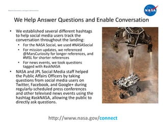 National Aeronautics and Space Administration




        We Help Answer Questions and Enable Conversation
  • We established several different hashtags
    to help social media users track the
    conversation throughout the landing:
              • For the NASA Social, we used #NASASocial
              • For mission updates, we referenced
                @MarsCuriosity for longer references, and
                #MSL for shorter references
              • For news events, we took questions
                tagged with #askNASA
  • NASA and JPL Social Media staff helped
    the Public Affairs Officers by taking
    questions from social media users on
    Twitter, Facebook, and Google+ during
    regularly-scheduled press conferences
    and other televised news events using the
    hashtag #askNASA, allowing the public to
    directly ask questions.


                                                                              10
                                                http://www.nasa.gov/connect
 