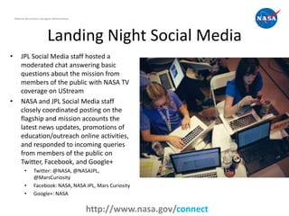 National Aeronautics and Space Administration




                               Landing Night Social Media
•        JPL Social Media staff hosted a
         moderated chat answering basic
         questions about the mission from
         members of the public with NASA TV
         coverage on UStream
•        NASA and JPL Social Media staff
         closely coordinated posting on the
         flagship and mission accounts the
         latest news updates, promotions of
         education/outreach online activities,
         and responded to incoming queries
         from members of the public on
         Twitter, Facebook, and Google+
            •      Twitter: @NASA, @NASAJPL,
                   @MarsCuriosity
            •      Facebook: NASA, NASA JPL, Mars Curiosity
            •      Google+: NASA

                                                                                  11
                                                    http://www.nasa.gov/connect
 