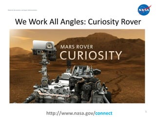 National Aeronautics and Space Administration




          We Work All Angles: Curiosity Rover




                                                                              5
                                                http://www.nasa.gov/connect
 