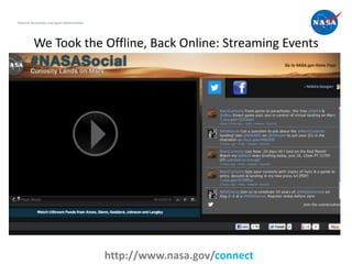 National Aeronautics and Space Administration




          We Took the Offline, Back Online: Streaming Events




                                                                              8
                                                http://www.nasa.gov/connect
 