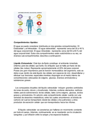 Compartimientos líquidos:
El agua se puede considerar distribuida en dos grandes compartimientos: El
Extracelular y el Intracelular. El agua extracelular, representa cerca del 35 a 40 %
del agua corporal total. El agua intracelular, representa cerca del 60 a 65 % del
agua corporal total. Estos dos compartimientos están subdivididos a su vez, en
diversos sub-compartimientos descritos a continuación:
Líquido Extracelular: Este tipo de fluido constituye el ambiente inmediato
(interno) para las células que baña. Es el líquido que se halla por fuera de las
células (las rodea). Representa aproximadamente el 20% del peso corporal.
Posee una gran importancia para la función homeostática del organismo. esto se
debe a que dentro de este líquido las células son capaces de vivir, desarrollarse y
efectuar sus funciones especiales mientras dispongan en el medio interno de
concentraciones adecuadas de oxígeno, glucosa, diversos aminoácidos y
substancias grasas.
Los compuestos disueltos del líquido extracelular incluyen grandes cantidades
de iones de sodio, cloruro y bicarbonato. Además, contiene elementos nutritivos
vitales para la sobrevivencia de las células, tales como oxígeno, glucosa, ácidos
grasos y aminoácidos. En adición, este compartimiento celular cuenta con una
variedad de desechos metabólicos, entre los cuales encontramos el bióxido de
carbono (el cual es transportado desde las células a los pulmones) y otros
productos de excreción celular que son transportados hacia los riñones.
El líquido extracelular se caracteriza por hallarse en movimiento constante
por todo el cuerpo. Además, continuamente se va mezclando por la circulación
sanguínea y por difusión entre la sangre y los espacios tisulares.
 