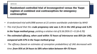 • A randomized trial with1998 women at 21 centers worldwide undertaken by WHO
• This trial found that the crude pregnancy rate was 1.1% in the LNG group and 3.2%
in the Yuzpe method group, yielding a relative risk of 0.36 (95% CI = 0.18–0.70)
• The estimated efficacy, when used within 72 hours of intercourse was 85% for LNG,
compared with 57% in the Yuzpe method group
• The efficacy (based on estimates of conception probabilities) of LNG decreased with
time: from 95% at 24 hours to 58% when taken between 49–72 hours
 