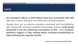 SAFETY
• No teratogenic effects or birth defects have been associated with UPA
taken by a woman who does not realize she is already pregnant
• Though there are no adverse outcomes associated with breastfeeding
after taking UPA, American guidelines discourages mothers avoid giving
breastmilk in the 24 h following consumption of UPA , while European
guidelines suggest a 7-day window before resuming breastfeeding an
infant following the ingestion of UPA
Haeger KO. Contracept Reprod Med. 2018
 