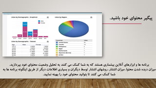 ‫باشید‬ ‫خود‬ ‫محتوای‬ ‫پیگیر‬.
‫بپردازید‬ ‫خود‬ ‫محتوای‬ ‫وضعیت‬ ‫تحلیل‬ ‫به‬ ‫کنند‬ ‫می‬ ‫کمک‬ ‫شما‬ ‫به‬ ‫که‬ ‫هستند‬ ‫بیشماری‬ ‫آنالین‬ ‫ابزارهای‬ ‫و‬ ‫ها‬ ‫برنامه‬.
‫محتوا‬ ‫شدن‬ ‫دیده‬ ‫میزان‬‫میزان‬ ،‫انتشار‬‫روشهای‬ ،‫ب‬ ‫ها‬ ‫برنامه‬ ‫اینگونه‬ ‫طریق‬ ‫از‬ ‫دیگر‬ ‫اطالعات‬ ‫بسیاری‬ ‫و‬ ‫دیگران‬ ‫توسط‬ ‫انتشار‬‫ه‬
‫نمایید‬ ‫بهینه‬ ‫را‬ ‫خود‬ ‫محتوای‬ ‫بتوانید‬ ‫تا‬ ‫کنند‬ ‫می‬ ‫کمک‬ ‫شما‬.
 