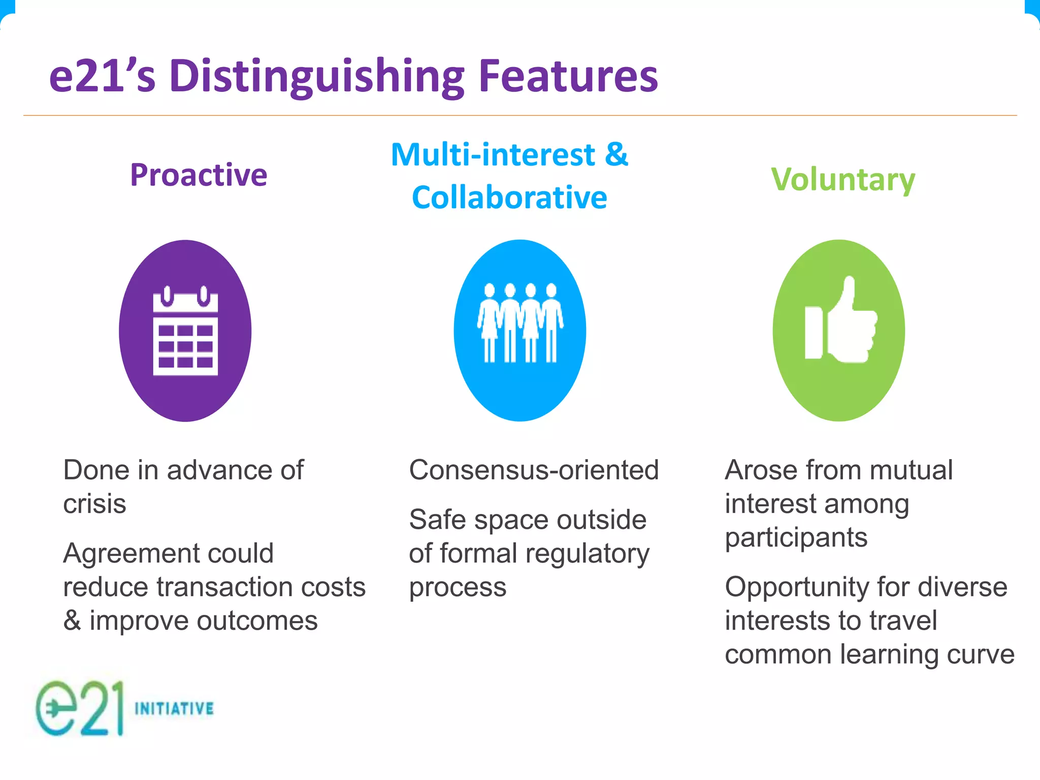 e21’s Distinguishing Features
Proactive
Multi-interest &
Collaborative
Voluntary
Done in advance of
crisis
Agreement could
reduce transaction costs
& improve outcomes
Consensus-oriented
Safe space outside
of formal regulatory
process
Arose from mutual
interest among
participants
Opportunity for diverse
interests to travel
common learning curve
 
