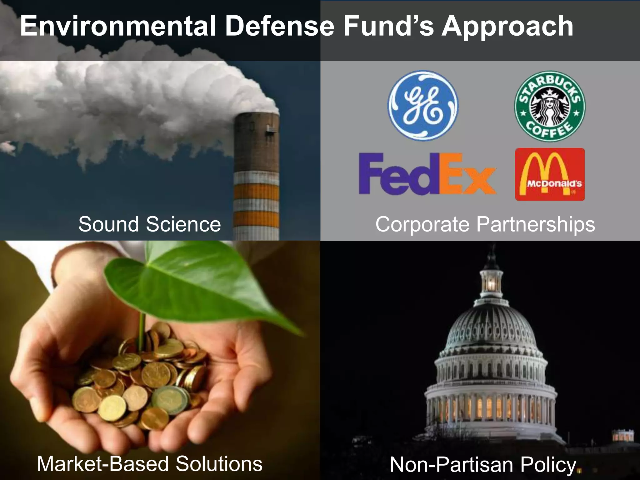 Sound Science
Market-Based Solutions
Corporate Partnerships
Non-Partisan Policy
Environmental Defense Fund’s Approach
 