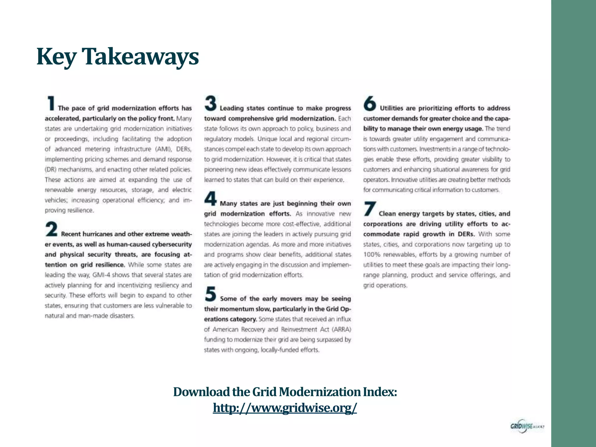 Key Takeaways
DownloadtheGridModernizationIndex:
http://www.gridwise.org/
 