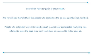 20
Conversion rates languish at around 2.5%.  
And remember, that’s 2.5% of the people who clicked on the ad (so, a pretty...