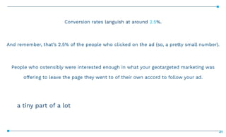 21
Conversion rates languish at around 2.5%.  
And remember, that’s 2.5% of the people who clicked on the ad (so, a pretty...