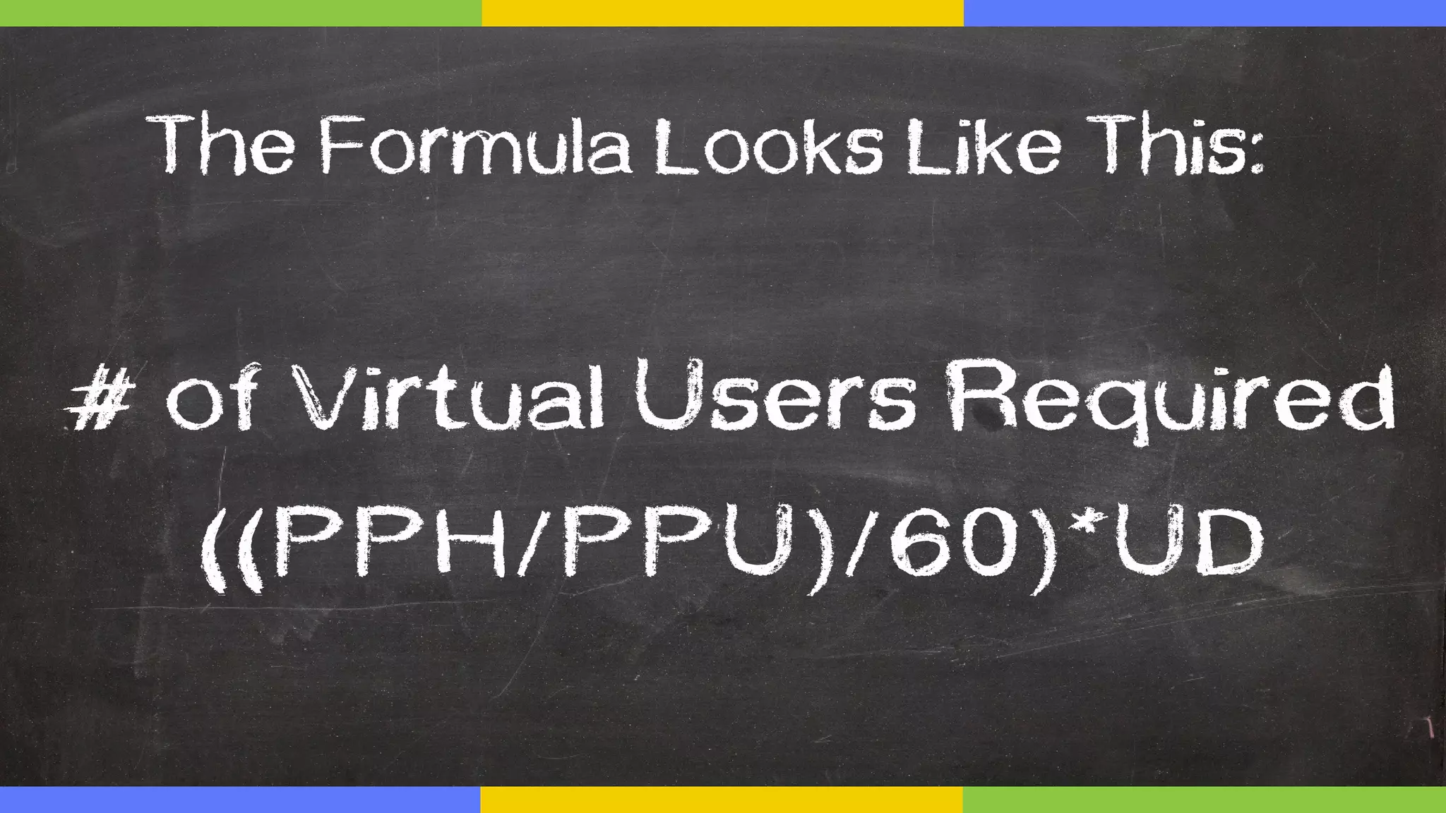 # of Virtual Users Required
((PPH/PPU)/60)*UD
The formula looks like this:
 