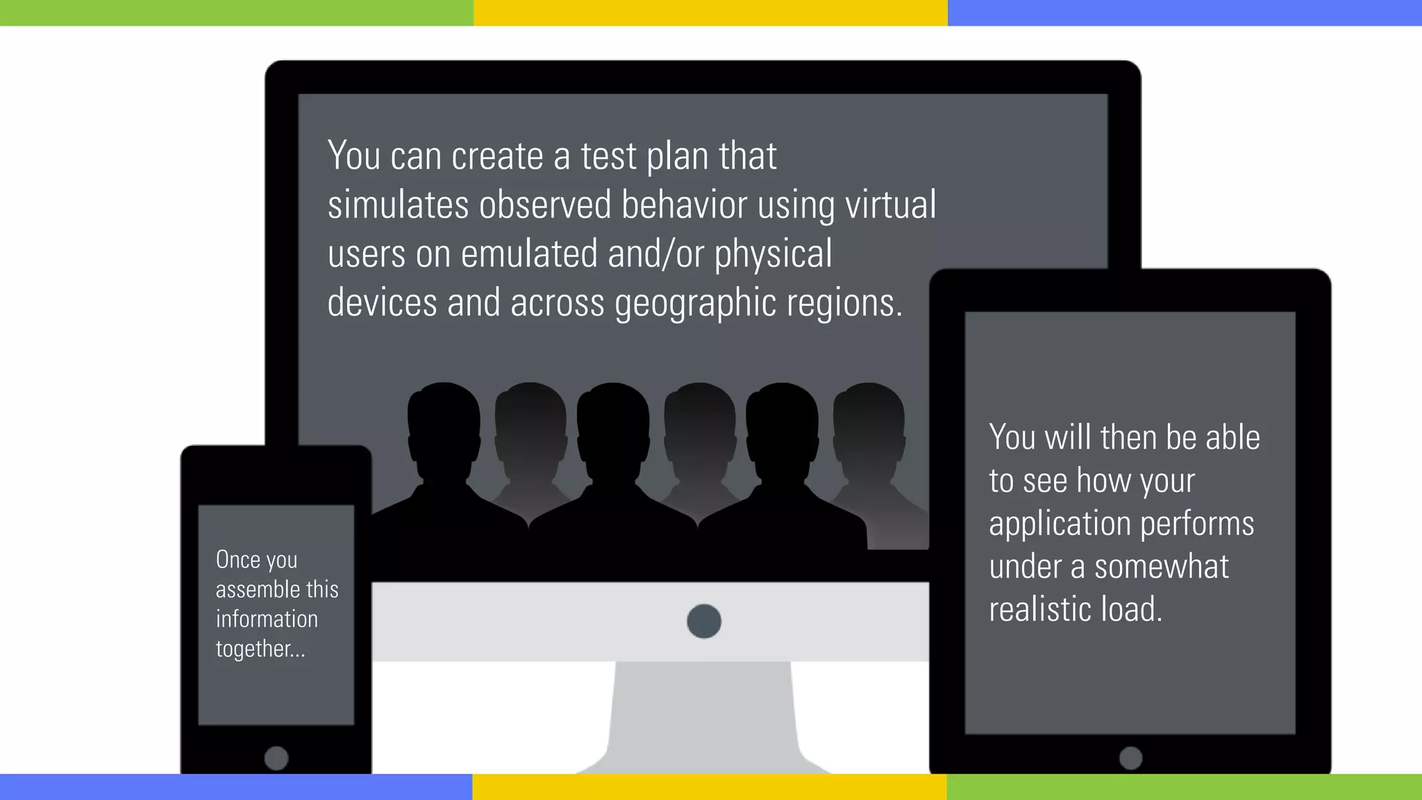 You will then be able
to see how your
application performs
under a somewhat
realistic load.
Once you
assemble this
information
together...
You can create a test plan that
simulates observed behavior using virtual
users on emulated and/or physical
devices and across geographic regions.
 