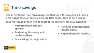 Time savings
House hunting is time consuming. But that’s just the beginning. Finding
a mortgage solution on your own can take hours, days or even weeks.
Your mortgage broker will do most of the leg work for you, including:
		•	 Researching mortgage
options
		•	 Evaluating financing and
lender options
		•	 Processing your application
FIFTH
		•	Handling documentation
requirements
		•	Negotiating with lenders
 