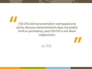 The Expert in Intercultural Management and Organisational Culture
8Course binders covers to be printed
LTO-CVS and monumentalism overlapped only
partly, because monumentalism does not predict
thrift or persistence, and LTO-CVS is not about
religiousness.
(p. 253)
“ “
 