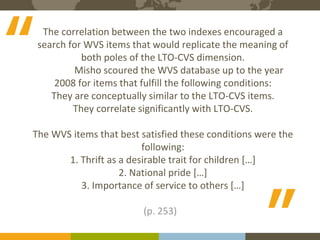 The Expert in Intercultural Management and Organisational Culture
9Course binders covers to be printed
The correlation between the two indexes encouraged a
search for WVS items that would replicate the meaning of
both poles of the LTO-CVS dimension.
Misho scoured the WVS database up to the year
2008 for items that fulfill the following conditions:
They are conceptually similar to the LTO-CVS items.
They correlate significantly with LTO-CVS.
The WVS items that best satisfied these conditions were the
following:
1. Thrift as a desirable trait for children […]
2. National pride […]
3. Importance of service to others […]
(p. 253)
“
“
 