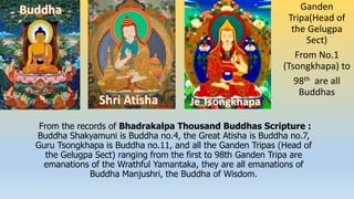 From the records of Bhadrakalpa Thousand Buddhas Scripture :
Buddha Shakyamuni is Buddha no.4, the Great Atisha is Buddha no.7,
Guru Tsongkhapa is Buddha no.11, and all the Ganden Tripas (Head of
the Gelugpa Sect) ranging from the first to 98th Ganden Tripa are
emanations of the Wrathful Yamantaka, they are all emanations of
Buddha Manjushri, the Buddha of Wisdom.
Ganden
Tripa(Head of
the Gelugpa
Sect)
From No.1
(Tsongkhapa) to
98th are all
Buddhas
 