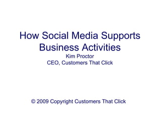 How Social Media Supports
   Business Activities
              Kim Proctor
        CEO, Customers That Click




  © 2009 Copyright Customers That Click
 