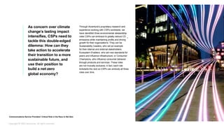 Through Accenture’s proprietary research and
experience working with CSPs worldwide, we
have identified three environmental stewardship
roles CSPs can embrace to greatly reduce CO 2
emissions while maintaining profits and driving
growth for their organizations. They can be
Sustainability Leaders, who set an example
for their internal and external stakeholders;
Ecosystem Enablers, who set new standards for
peers and influence infrastructure; or Consumer
Champions, who influence consumer behavior
through products and services. These roles
are not mutually exclusive; in fact, each role
kickstarts the next so CSPs can embody all three
roles over time.
As concern over climate
change’s lasting impact
intensifies, CSPs need to
tackle this double-edged
dilemma: How can they
take action to accelerate
their transition to a more
sustainable future, and
use their position to
build a net zero
global economy?
Image
Communications Service Providers’ Critical Role in the Race to Net Zero 2
Copyright © 2022 Accenture. All rights reserved.
 