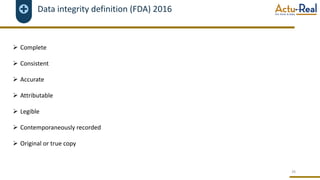 Data integrity definition (FDA) 2016
Ø Complete
Ø Consistent
Ø Accurate
Ø Attributable
Ø Legible
Ø Contemporaneously recorded
Ø Original or true copy
36
 