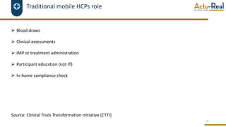 Traditional mobile HCPs role
Ø Blood draws
Ø Clinical assessments
Ø IMP or treatment administration
Ø Participant education (not IT)
Ø In-home compliance check
Source: Clinical Trials Transformation Initiative (CTTI)
37
 