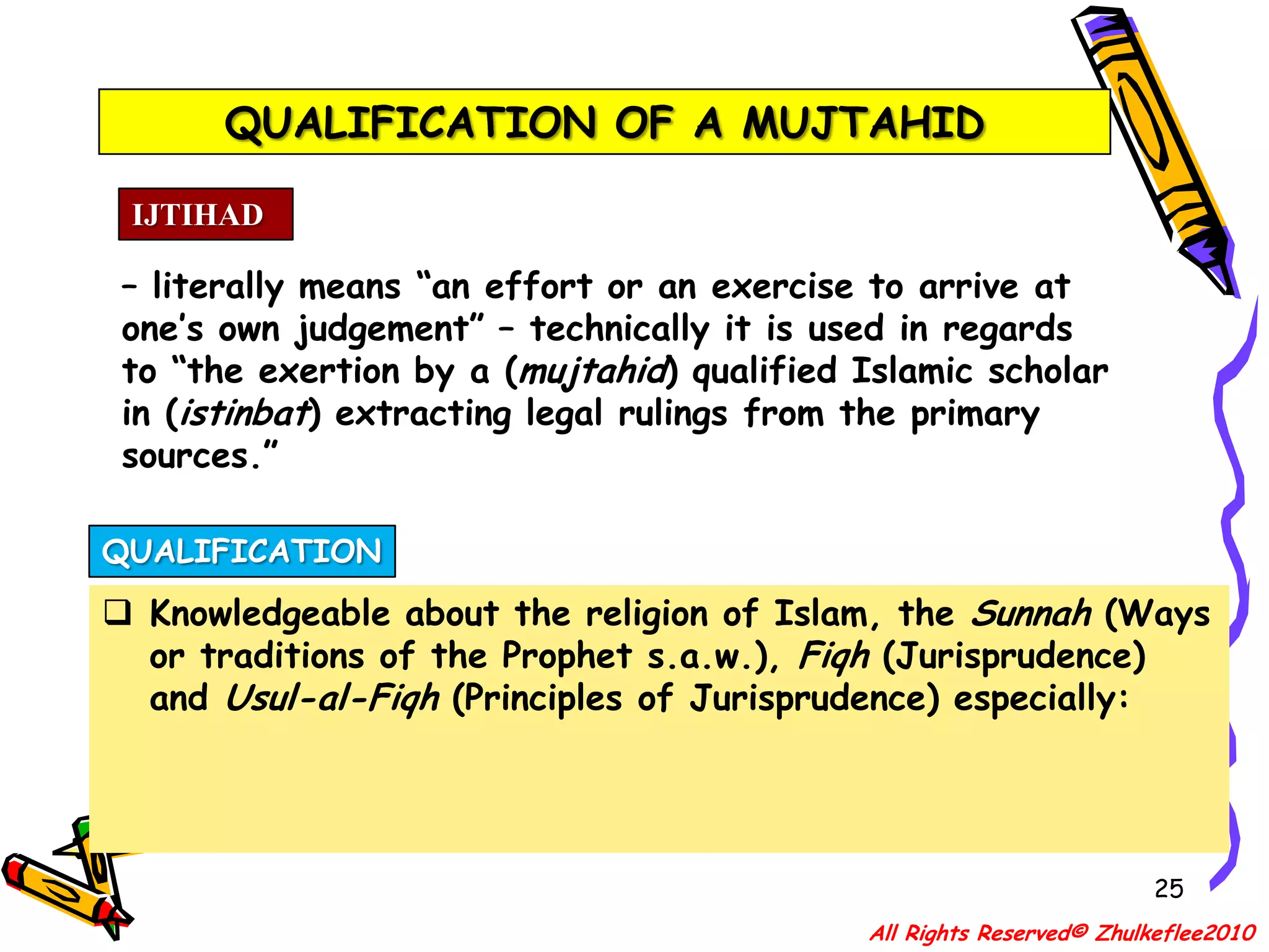 22“(‘Ali ibn Abi Talib r.a. said) “I asked: ‘O Messenger of Allah! (What are we to do when) matters come before us wherewith there is no (explicit) indication regarding them in the Qur’an nor in the Sunnah from you regarding them (regarding its ruling)?’(The Prophet s.a.w.) he said: “You are to gather together the learned (‘ulama) amongst them” – or he may have said “The worshippers (‘abideen) from amongst the Believers” – “Convene with them shura (mutual consultations to derive a collective decision) in regard to religious rulings. Do not decide based upon (idea or knowledge of) only one (singular) person’s thought.”(Hadith reported by IbnuAbdil Barr)All Rights Reserved© Zhulkeflee2010