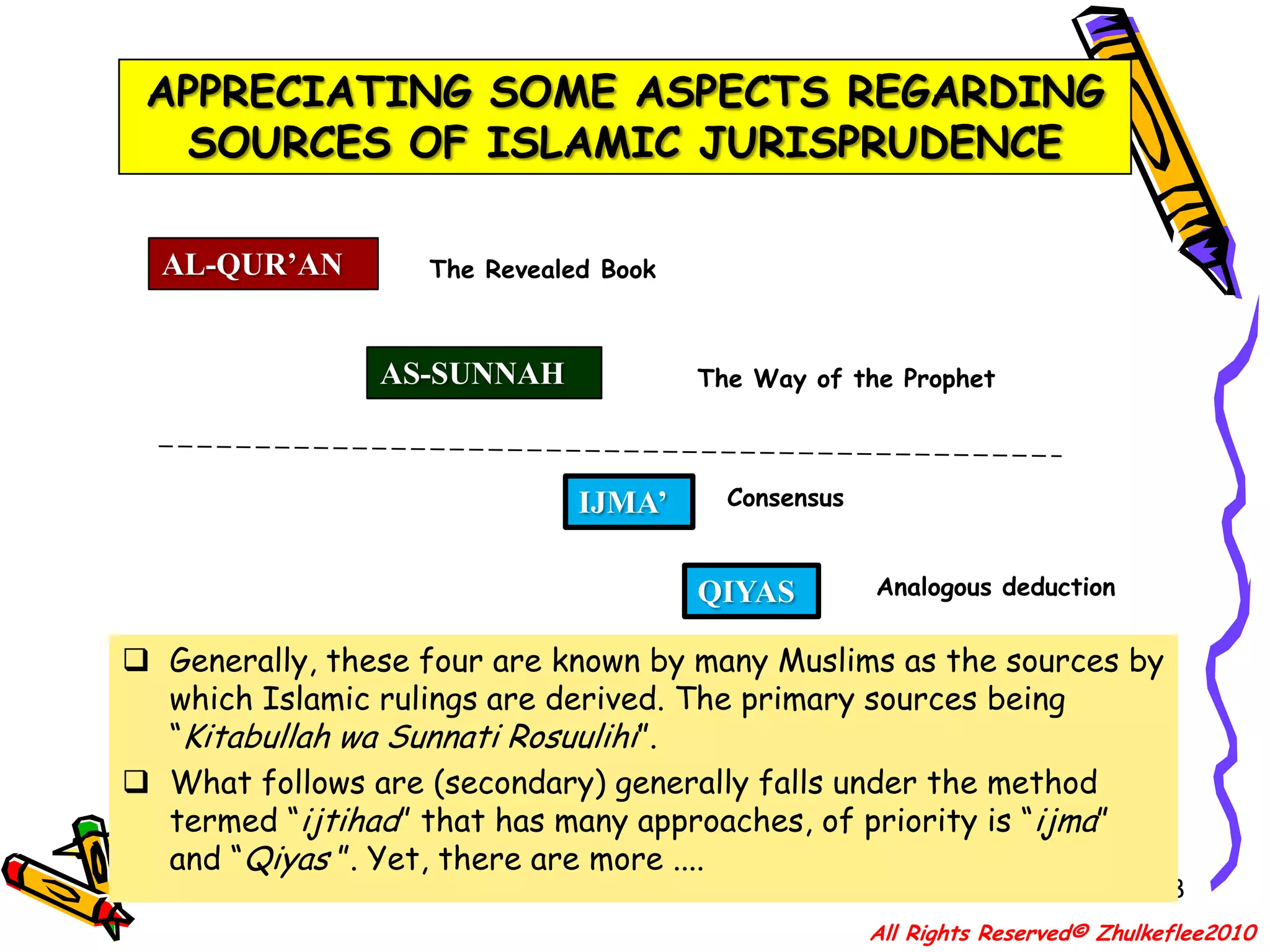 35CLASSIFICATION OF MUJTAHIDAL-MUJTAHID FI - AL-MADZHAB– these are those who did ijtihad and later found schools of jurisprudence. There are today 5 surviving schools of Jurisprudence, viz. Ja’fari, Maliki, Hanafi, Shafi’ie and Hanbali(reference from “Shariah: The Islamic Law” by Abdur Rahman I. Doi)All Rights Reserved© Zhulkeflee2010