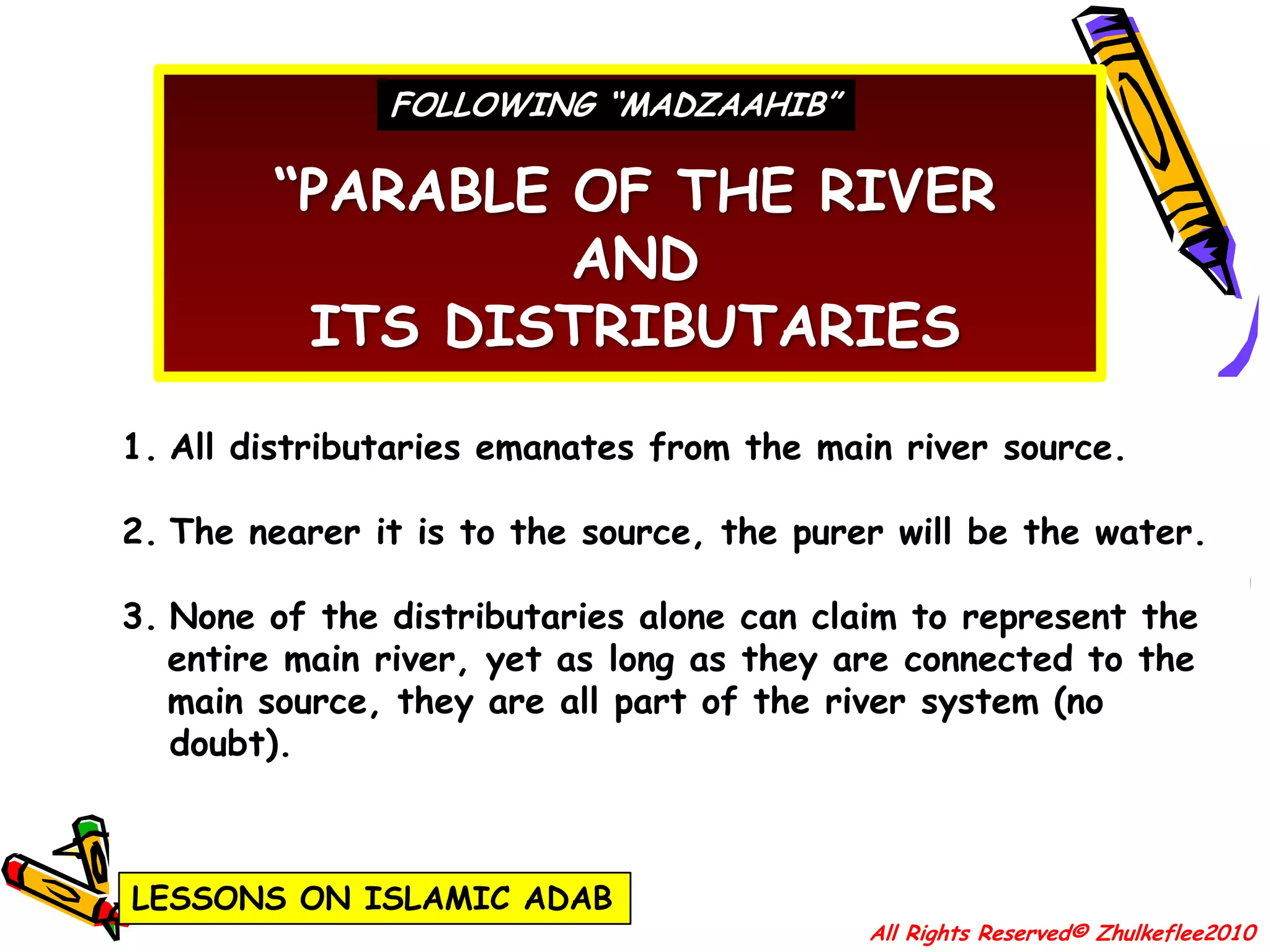 46APPRECIATING SOME ASPECTS REGARDING SOURCES OF ISLAMIC JURISPRUDENCEAsh-shar’u manqablanathe path traversed by those before us – i.e. the jurists (mujtahidun)‘Madzhab Sahaabiy opinions of Companions of the ProphetGenerally, these four are known by many Muslims as the sources by which Islamic rulings are derived. The primary sources being “Kitabullah wa Sunnati Rosuulihi”.