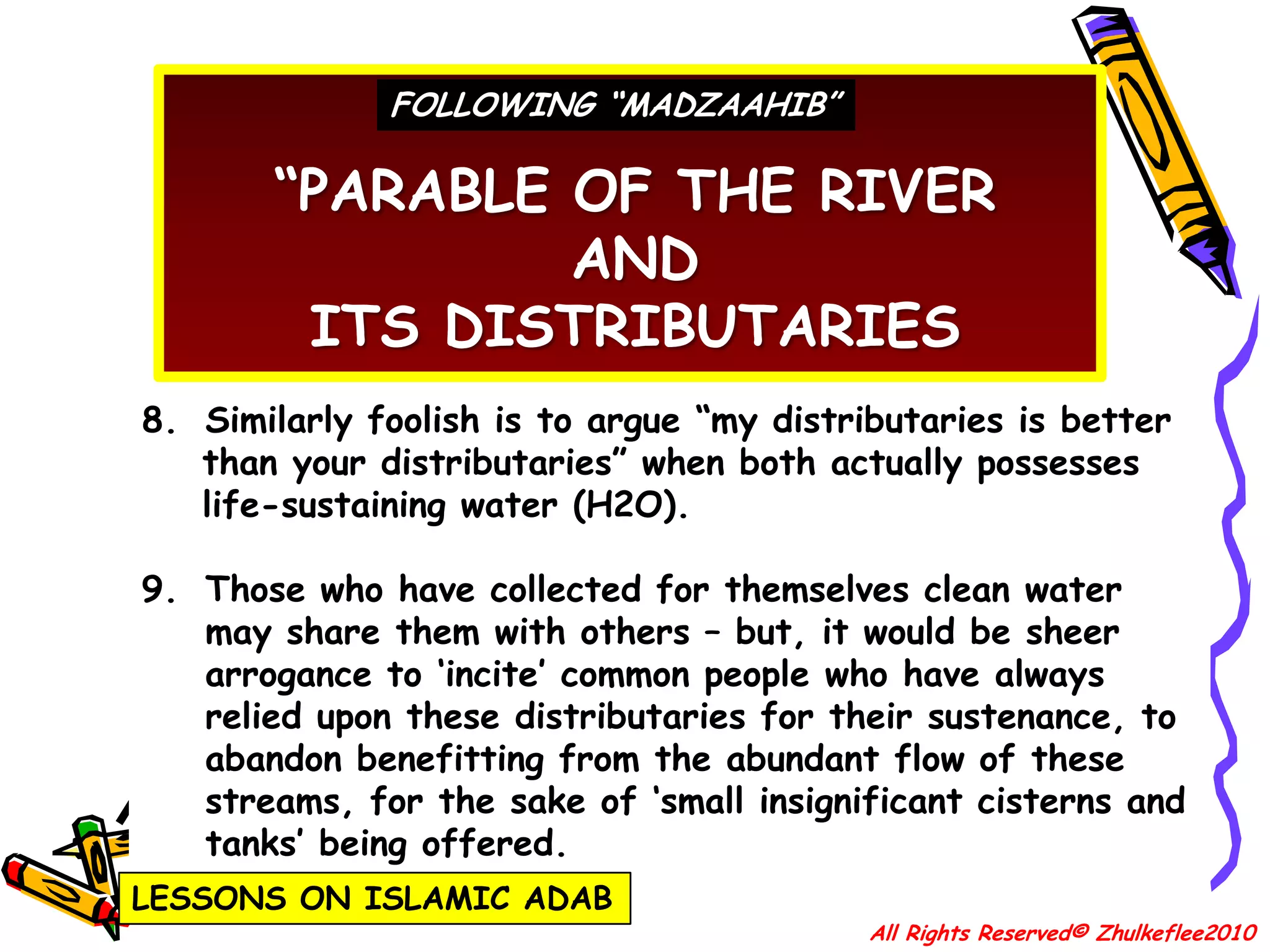 48إِنَّ اللهَ لاَ يَقْبِضُ الْعِلْمَ اِنْتِزَاعًا يَنْتَزِعُهُ مِنَ النَّاسِ ،وَلَكِنْ يَقْبِضُ الْعِلْمَ يَقَبْضِ أَهْلِهِ ، حَتَّى إِذَا لَمْ يَبْقَ عَالِمًا اتَّخَذَ النَّاسُ رُؤُوسًا جُهَّالاً ،إَذَا سُءِلُوْا أَفْتَوْا بِغَيْرِ عِلْمِ ، فَضَلُّوا وَأَضَلُّوْا"Verily Allah does not remove knowledge from the (hearts of the) people, rather he takes away knowledge by taking away its people (the scholars), until there are no more scholars, the people then take leaders that are ignorant, and when they are asked, and give fatwas (they give) without knowledge, so they misguide and are misguided."(Hadith reported by Ashaab as-Sunnan from Ibnu ‘Umar r.a.)All Rights Reserved© Zhulkeflee2010
