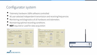 Configurator system
• Telemetry hardware 100% software controlled
• 40 user selected independent transmission and receiving frequencies
• Monitoring and diagnostics of all hardware and telemeters
• Maintaining optimal recording conditions
• NOT required or used for data acquisition
 