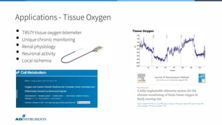 Applications - Tissue Oxygen
• TR57Y tissue oxygen telemeter
• Unique chronic monitoring
• Renal physiology
• Neuronal activity
• Local ischemia
 