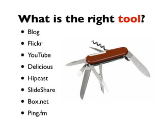 What is the right tool?
• Blog
• Flickr
• YouTube
• Delicious
• Hipcast
• SlideShare
• Box.net
• Ping.fm
 