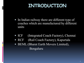 INTRODUCTION
 In Indian railway there are different type of
coaches which are manufactured by different
units
 ICF (Integrated Coach Factory), Chennai
 RCF (Rail Coach Factory), Kapurtala
 BEML (Bharat Earth Movers Limited),
Bengaluru
5
 